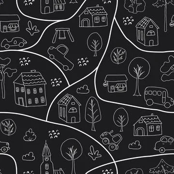 Cute city map Seamless Pattern, Cartoon town landscape background, vector I.. Stock Illustration