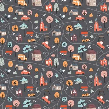Cute city map Seamless Pattern, Cartoon town landscape background, vector I.. Stock Illustration