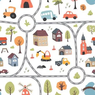 Cute city map Seamless Pattern, Cartoon town landscape background, vector I.. Illustrazione stock