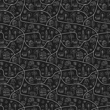 Cute city map Seamless Pattern, Cartoon town landscape background, vector I.. Illustrazione stock