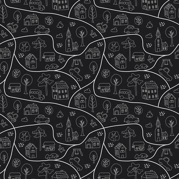 Cute city map Seamless Pattern, Cartoon town landscape background, vector I.. Illustrazione stock