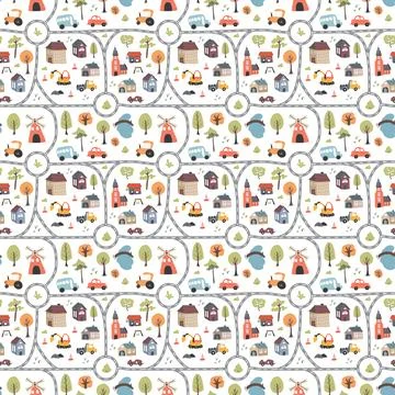 Cute city map Seamless Pattern, Cartoon town landscape background, vector I.. Stock Illustration