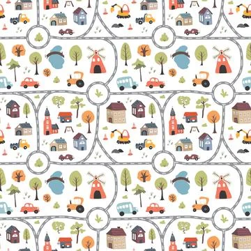 Cute city map Seamless Pattern, Cartoon town landscape background, vector I.. Stock Illustration