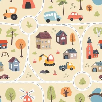 Cute city map Seamless Pattern, Cartoon town landscape background, vector I.. Illustrazione stock