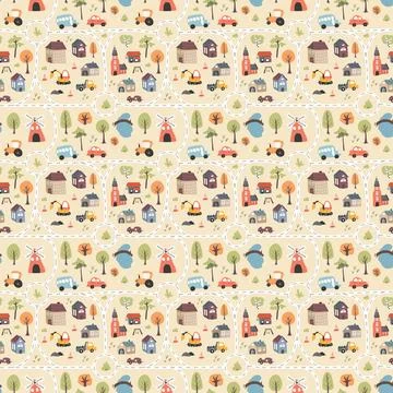 Cute city map Seamless Pattern, Cartoon town landscape background, vector I.. Illustrazione stock