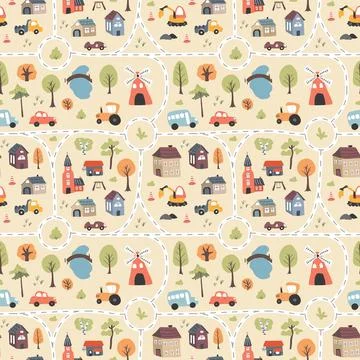 Cute city map Seamless Pattern, Cartoon town landscape background, vector I.. Stock Illustration