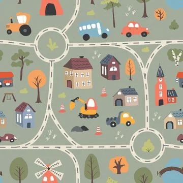 Cute city map Seamless Pattern, Cartoon town landscape background, vector I.. Illustrazione stock