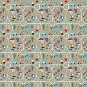 Cute city map Seamless Pattern, Cartoon town landscape background, vector I.. Illustrazione stock