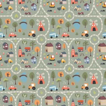 Cute city map Seamless Pattern, Cartoon town landscape background, vector I.. Stock Illustration