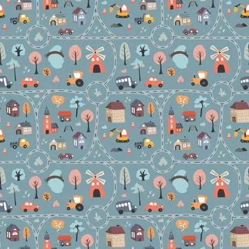 Cute city map Seamless Pattern, Cartoon town landscape background, vector I.. Stock Illustration