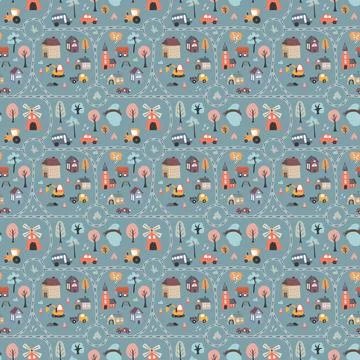 Cute city map Seamless Pattern, Cartoon town landscape background, vector I.. Illustrazione stock