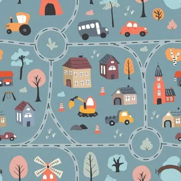 Cute city map Seamless Pattern, Cartoon town landscape background, vector I.. Stock Illustration