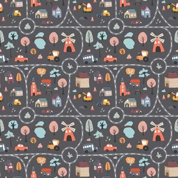 Cute city map Seamless Pattern, Cartoon town landscape background, vector I.. Illustrazione stock