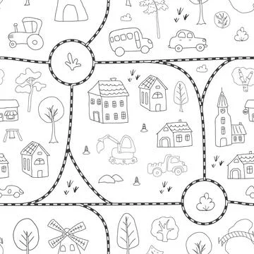 Cute city map Seamless Pattern, Cartoon town landscape background, vector I.. Illustrazione stock