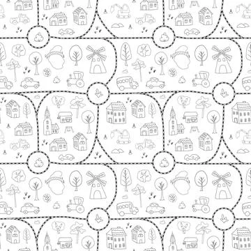 Cute city map Seamless Pattern, Cartoon town landscape background, vector I.. 스톡 일러스트