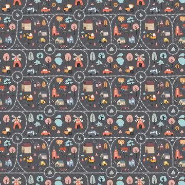Cute city map Seamless Pattern, Cartoon town landscape background, vector I.. Illustrazione stock