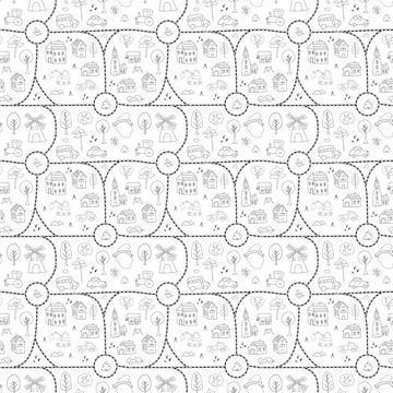 Cute city map Seamless Pattern, Cartoon town landscape background, vector I.. Stock Illustration