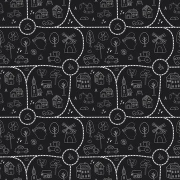 Cute city map Seamless Pattern, Cartoon town landscape background, vector I.. Illustrazione stock