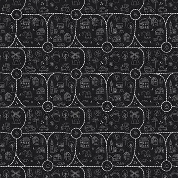 Cute city map Seamless Pattern, Cartoon town landscape background, vector I.. Stock Illustration