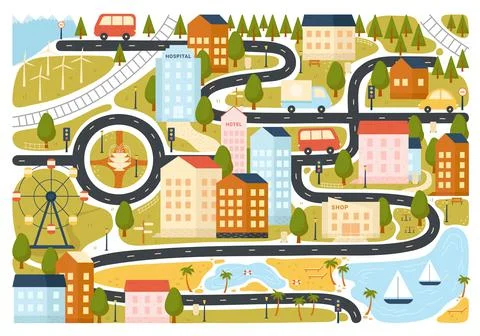 Cute city map, town or village plan with infrastructure, roads with transport Ilustración de archivo