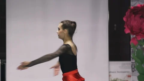 Cute classical ballerina pose slow motion closeup gym woman dancer model show 4K Video stock 125722532