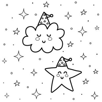 Cute cloud and star in the sky coloring page. Good night coloring book for kids Stock Illustration