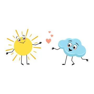 Cute cloud and sun character with love emotions, happy face, smile, arms and Stock Illustration