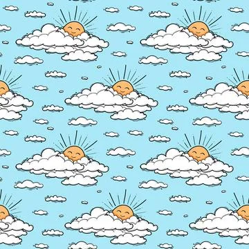 Cute cloud and sun seamless pattern vector background. Smiling sun kids Stock Illustration