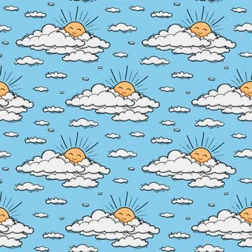 Cute cloud and sun seamless pattern vector background. Smiling sun kids Stock Illustration