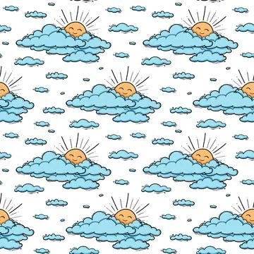 Cute cloud and sun seamless pattern vector background. Smiling sun kids 스톡 일러스트