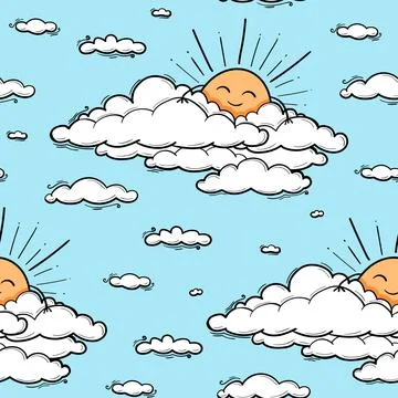 Cute cloud and sun seamless pattern vector background. Smiling sun kids 스톡 일러스트