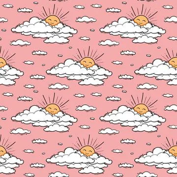 Cute cloud and sun seamless pattern vector background. Smiling sun kids Illustrazione stock