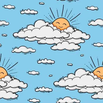 Cute cloud and sun seamless pattern vector background. Smiling sun kids Stock Illustration