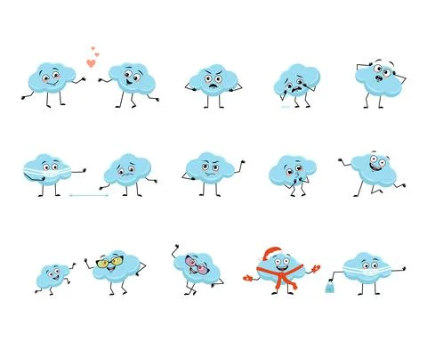 Cute cloud character with happy or sad emotions, panic, loving or brave face Stock Illustration