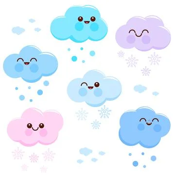 Cute cloud characters snowing. Vector illustration set. Stock Illustration