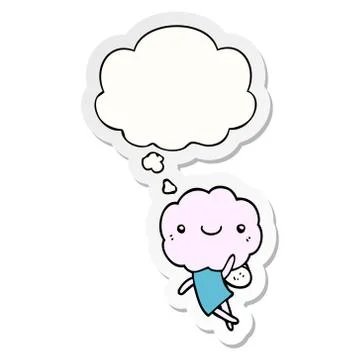 Cute cloud head creature and thought bubble as a printed sticker Illustrazione stock