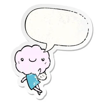 Cute cloud head creature and speech bubble distressed sticker Illustrazione stock