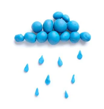 Cute cloud with rain drops made of plasticine isolated on white background Stock Photos