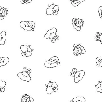 Cute cloud. Seamless pattern. Coloring Page. イラスト素材
