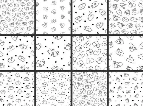 Cute cloud. Seamless pattern. Coloring Page. Stock Illustration
