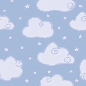 Cute cloud sky seamless pattern on blue background. Hand drawn night cloud sk Stock Illustration