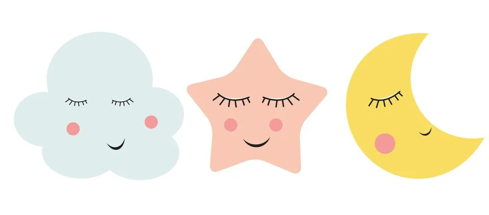 Cute Cloud, Star and Moon  Vector Illustration Ilustração Stock