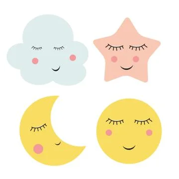 Cute Cloud, Star and Moon  Vector Illustration Ilustração Stock