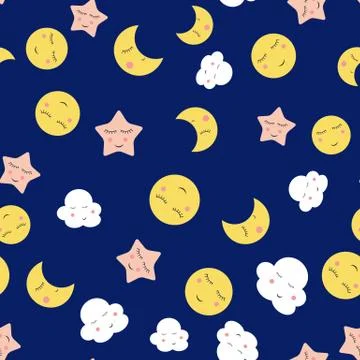 Cute Cloud, Star and Moon Seamless Pattern Background Vector Illustration Stock Illustration
