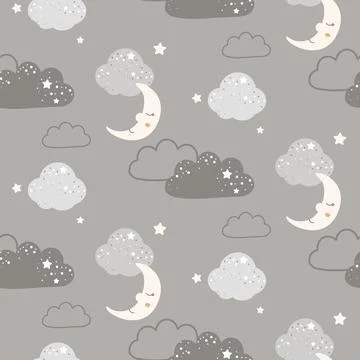 Cute Clouds and Moon Seamless Pattern beige vector background 스톡 일러스트