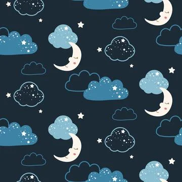 Cute Clouds and Moon Seamless Pattern blue and white vector background 库存插图