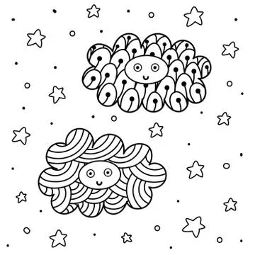 Cute clouds characters in the sky coloring page. Fantasy background for coloring Stock Illustration
