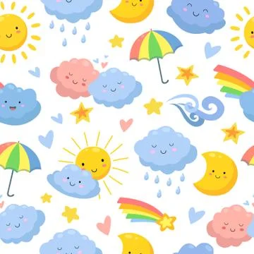 Cute clouds pattern. Sky backdrop, dream and stars. Nursery wallpaper, clothes Stock Illustration