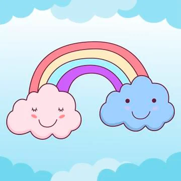Cute clouds smile face and rainbow in clear blue sky Stock Illustration
