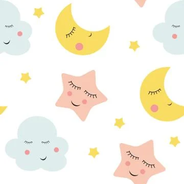 Cute Clouds, Star and Moons  Seamless Pattern Background  Illustration Illustrazione stock